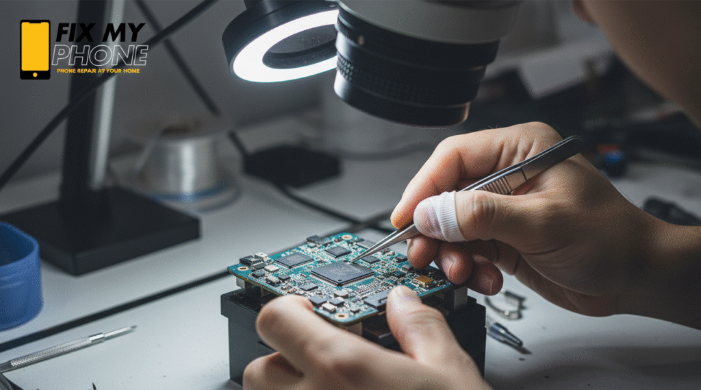Best Phone Repair in Riyadh a technician performing micro-soldering on a smartphone motherboard