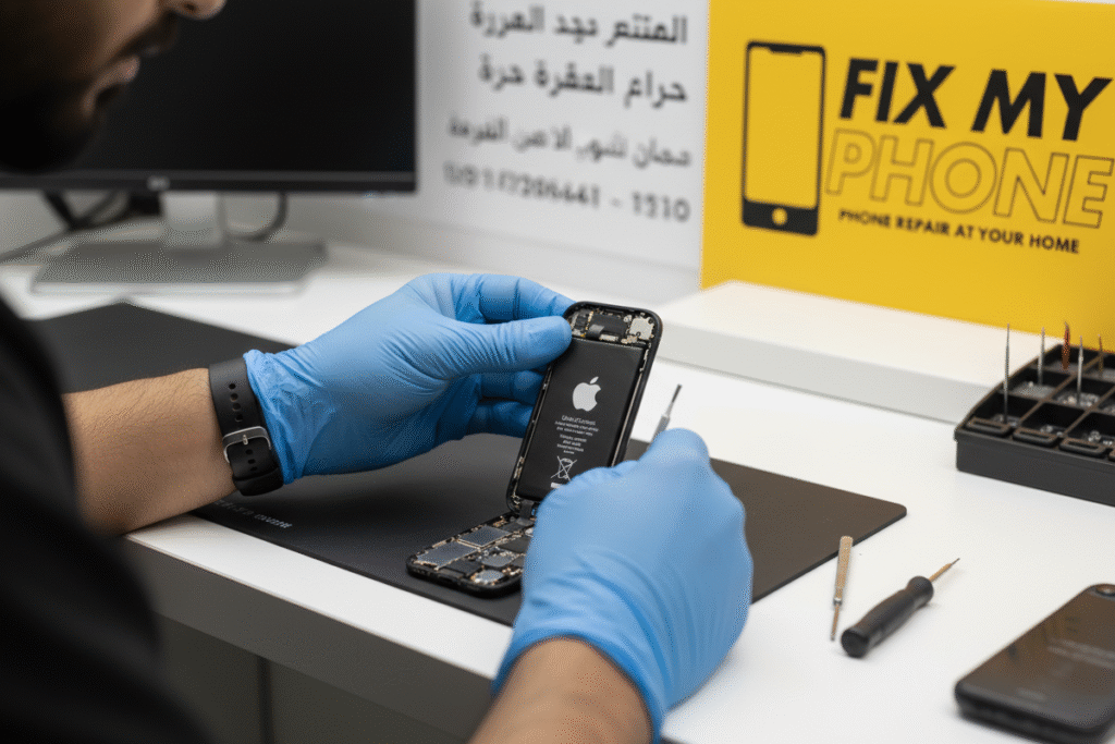 OriginalApple Parts Matter, A technician in a modern phone Repair lab wearing gloves an iPhone high-quality original apple parts