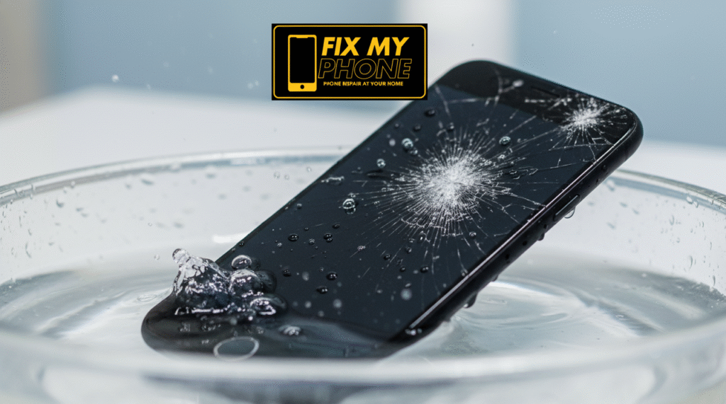Water-Damaged Phone a mobile phone partially submerged in water with a cracked screen