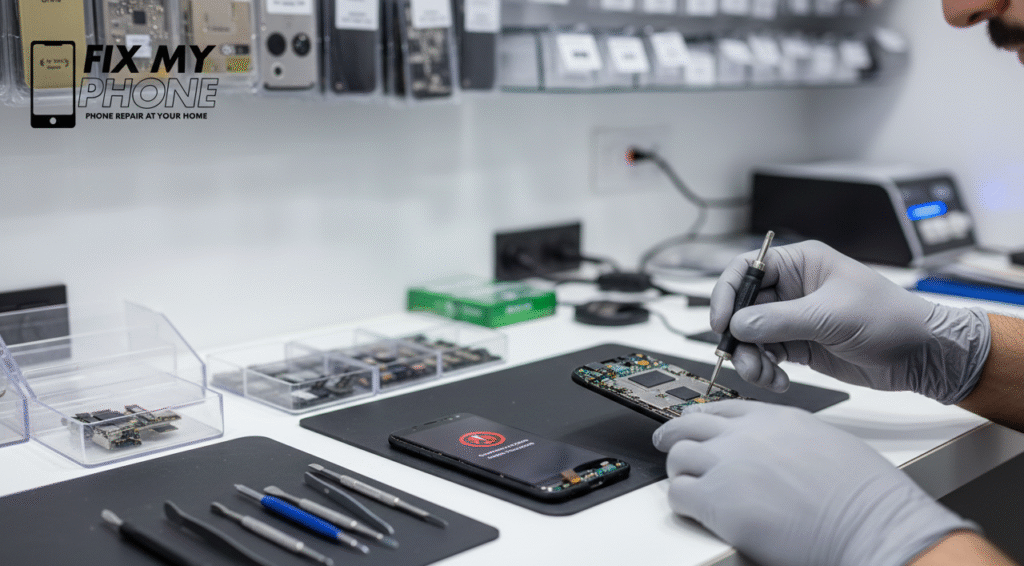 Professional phone technician repairing a phone overheat inside a mobile repair shop
