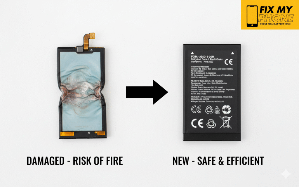 Professional battery Replacement here show damage battery