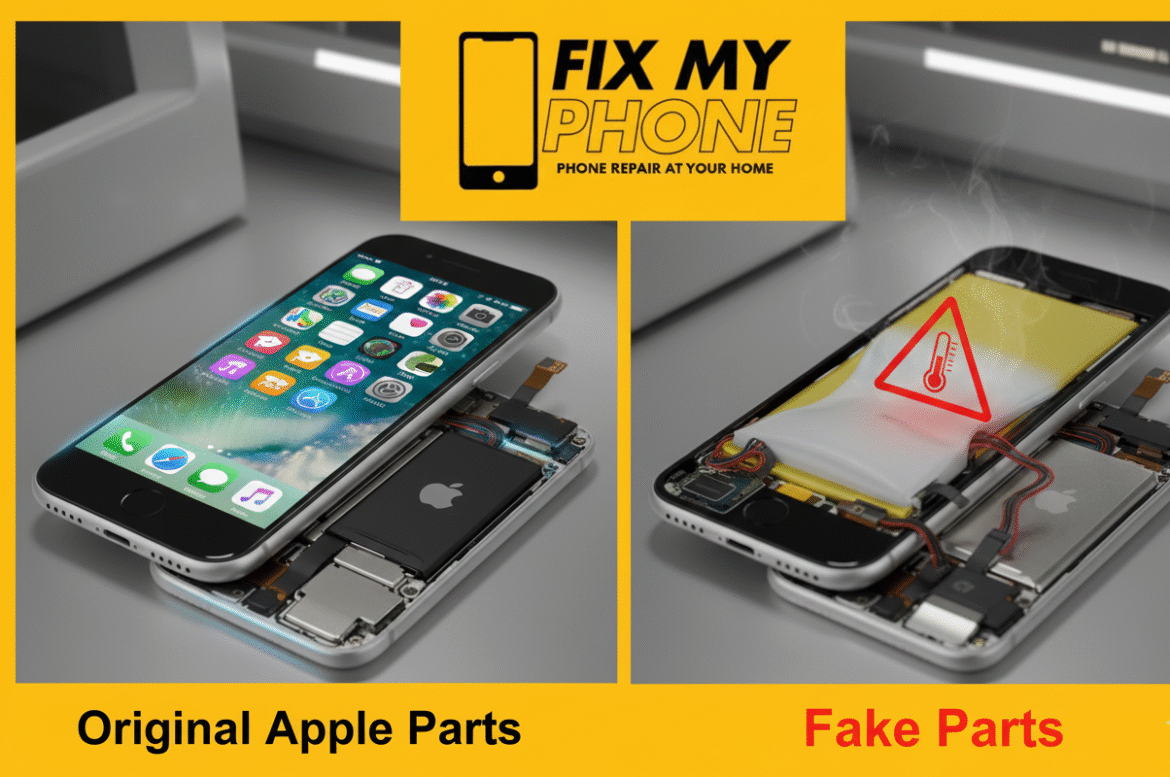 Original Apple Parts Matter here comparison showing an iPhone with genuine Apple parts on the left and cheap counterfeit parts on the right