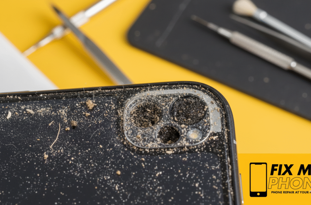 Phone Speaker Sounds Low or Disorted Close-up macro shot of a smartphone speaker grill filled with dust and sand