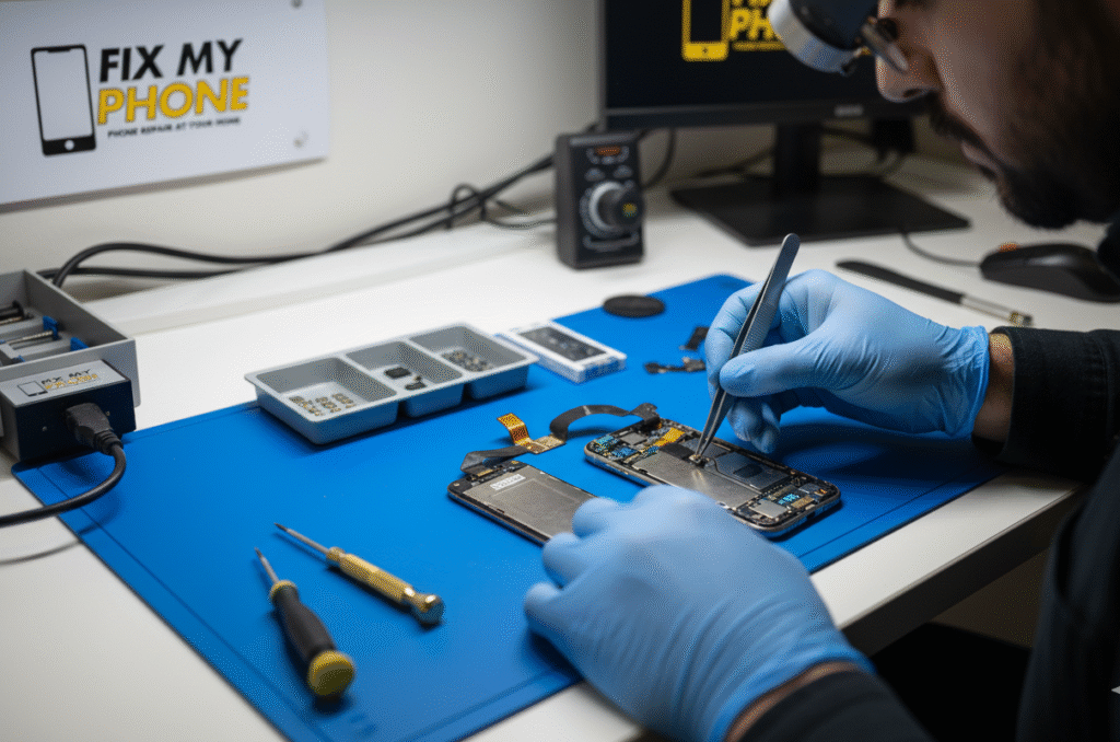 7 Most Common iPhone problems where a technician in fix my phone KSA repairing an iPhone