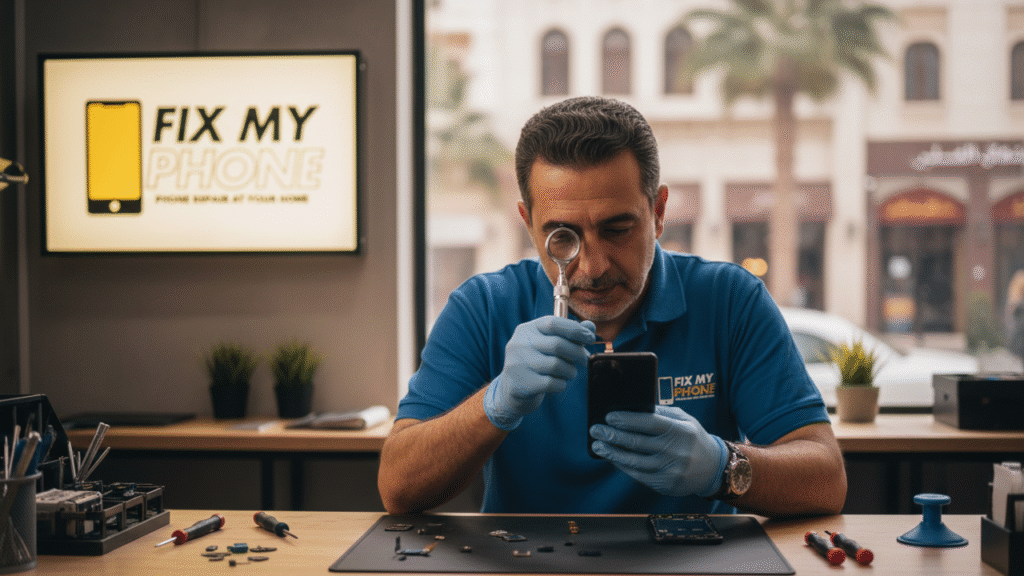 Trusted Phone Repair Shop where an experienced phone repair technician inspecting a smartphone with magnifying glass.