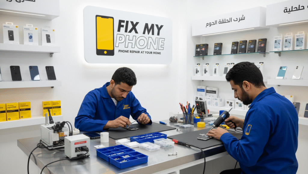 أفضل محلات صيانة الهواتف حيث يقوم فني محترف بإصلاح الهاتف المحمول وحل مشاكله