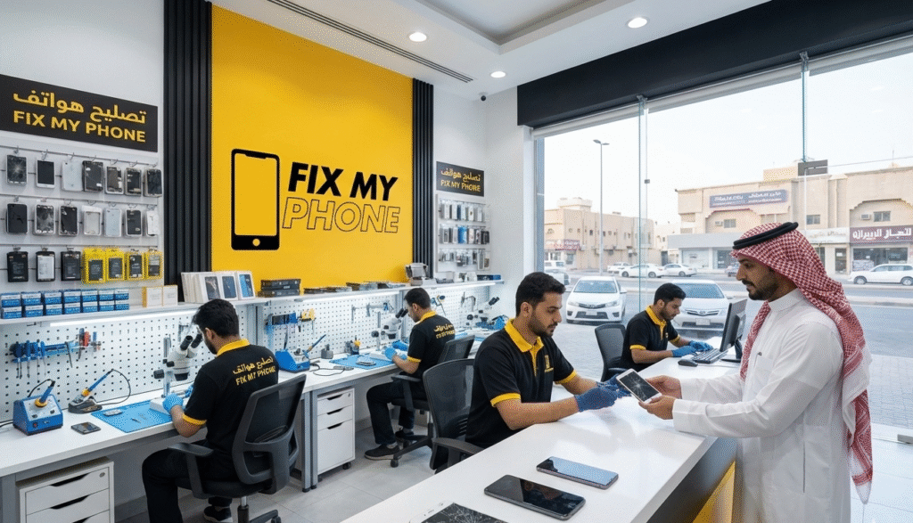 Technician preparing smartphone at a fast phone repair services in Riyadh inside a phone repair shop