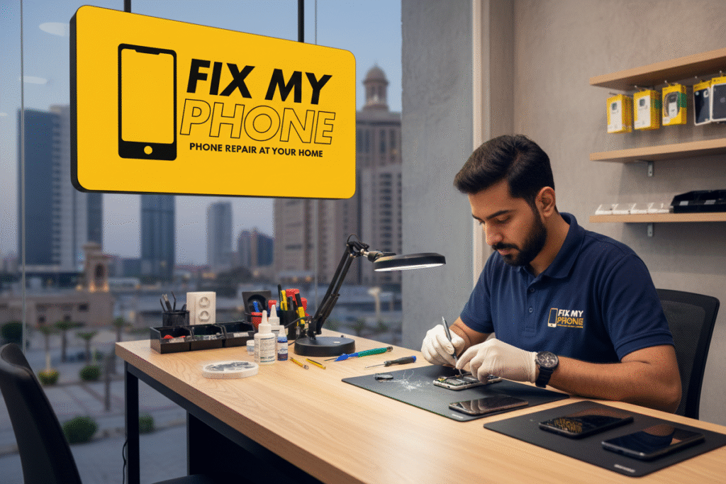 Trusted Phone Repair Shop in Riyadh professional technician repairing a smart phone on a clean on a clean work bench.