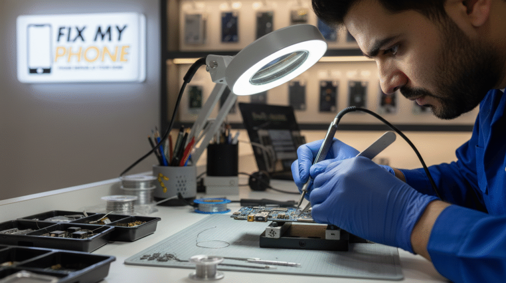 Phone Repair in Riyadh A technician Repair mobile phone in a shop