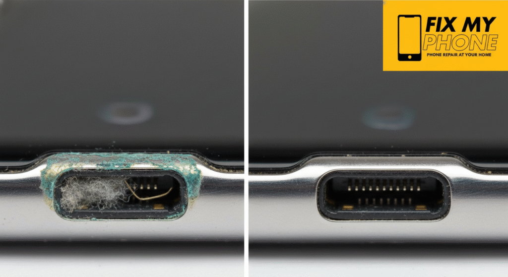 Samsung Charging port Problems where showing comparison between a damaged and clean charging port