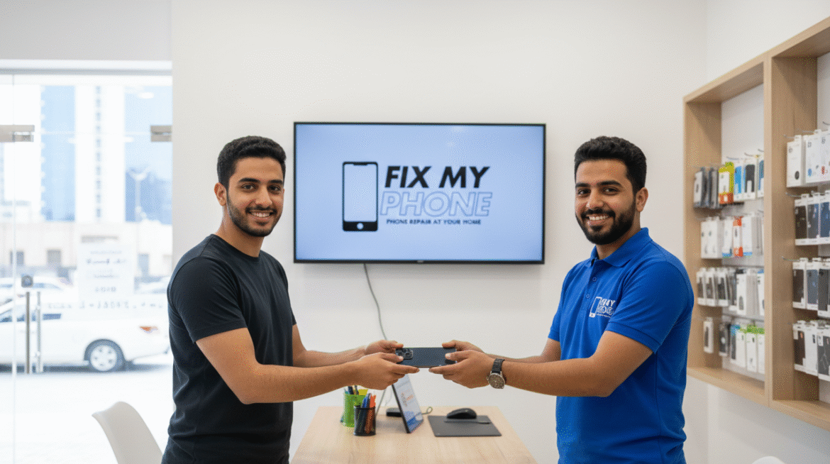 Fast Phone Repair Services in Riyadh where a professional technician is standing with customer in a happy mood